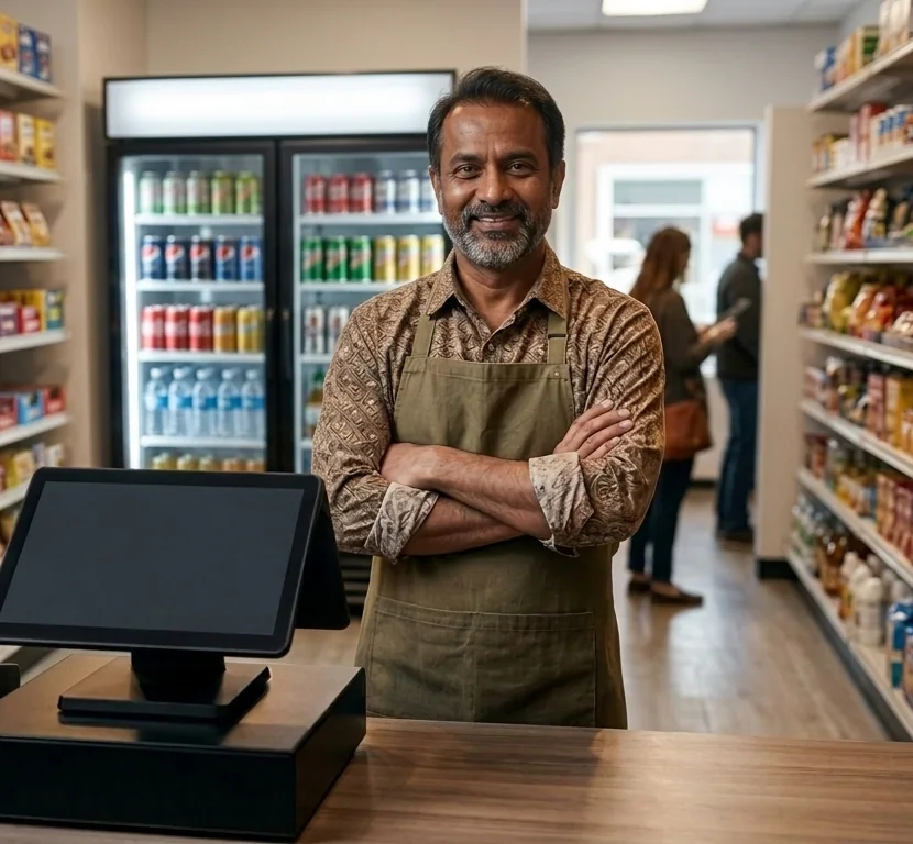 Independent store owner standing proudly behind the counter of his convenience store
