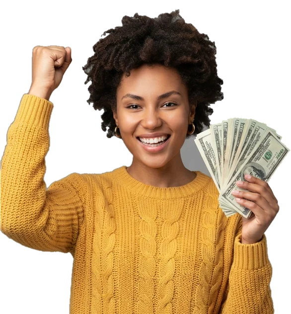 Happy retail customer holding the cash she saved through the cash discount program