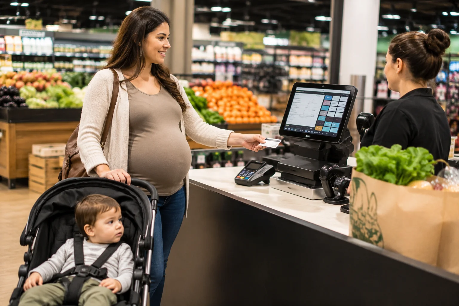 Shopper paying with an eWIC card at an NRS POS checkout counter in a grocery store